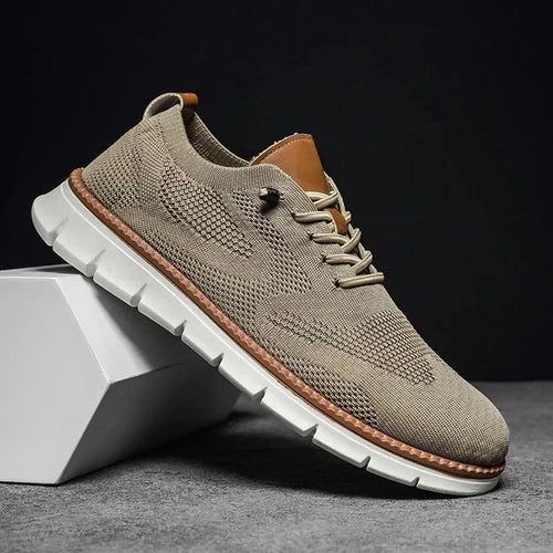 Beige Comfortable Shoes for Men — Oscar Mesh Knit Breathable Lace-Up - Front Side Pose