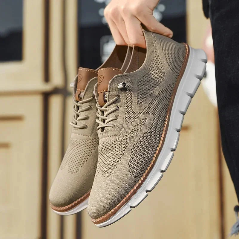 Beige Comfortable Shoes for Men — Oscar Mesh Knit Breathable Lace-Up - Hand Held Pair
