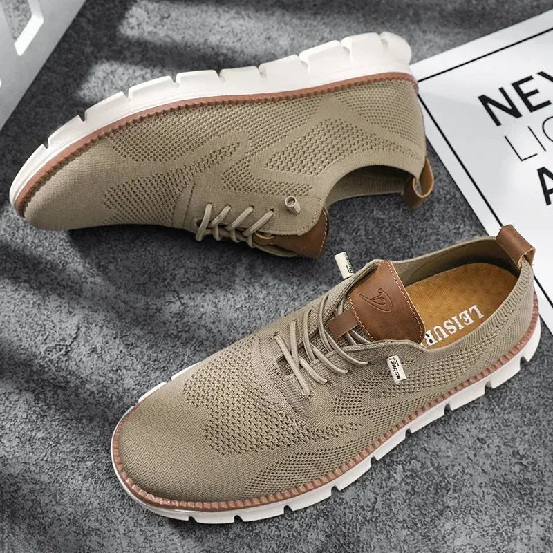 Beige Comfortable Shoes for Men — Oscar Mesh Knit Breathable Lace-Up - Top View Pair