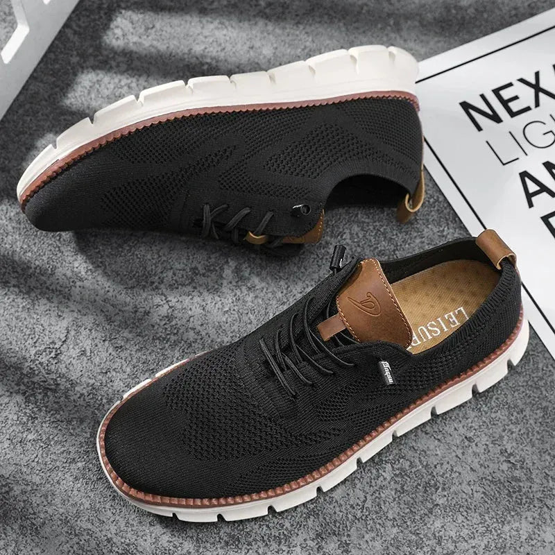Black Comfortable Shoes for Men — Oscar Mesh Knit Breathable Lace-Up - Flat Lay Pair