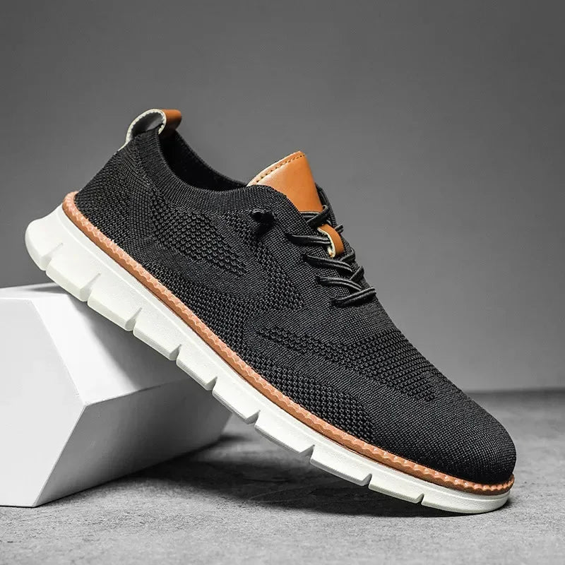 Black Comfortable Shoes for Men — Oscar Mesh Knit Breathable Lace-Up - Side Profile