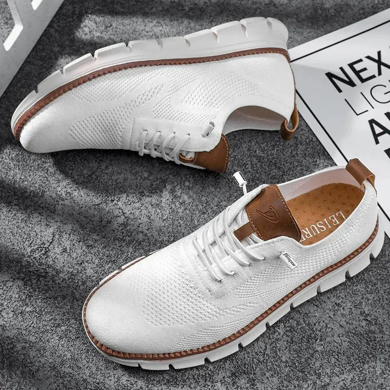 White Comfortable Shoes for Men — Oscar Mesh Knit Breathable Lace-Up - Flat Lay Pair