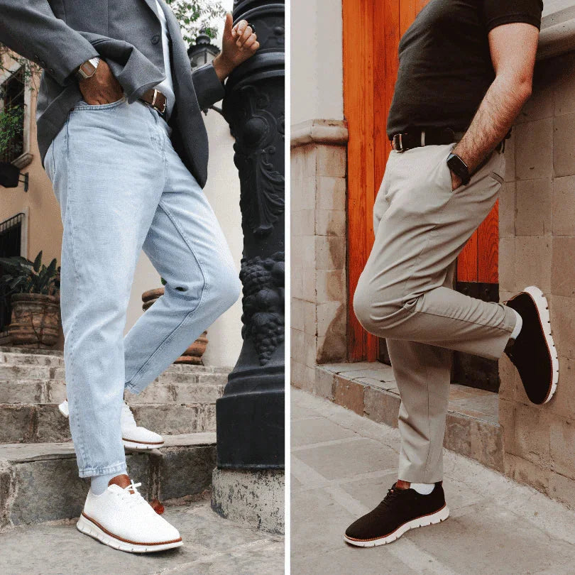 White Comfortable Shoes for Men — Oscar Mesh Knit Breathable Lace-Up - Lifestyle Collage Worn