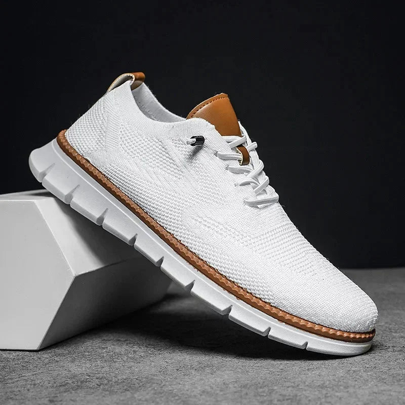 White Comfortable Shoes for Men — Oscar Mesh Knit Breathable Lace-Up - Side Profile