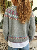 Gray Women's Nordic Print Knit Cardigan — Lina Relaxed-Fit Button-Front Bohemian - Back Worn Closeup