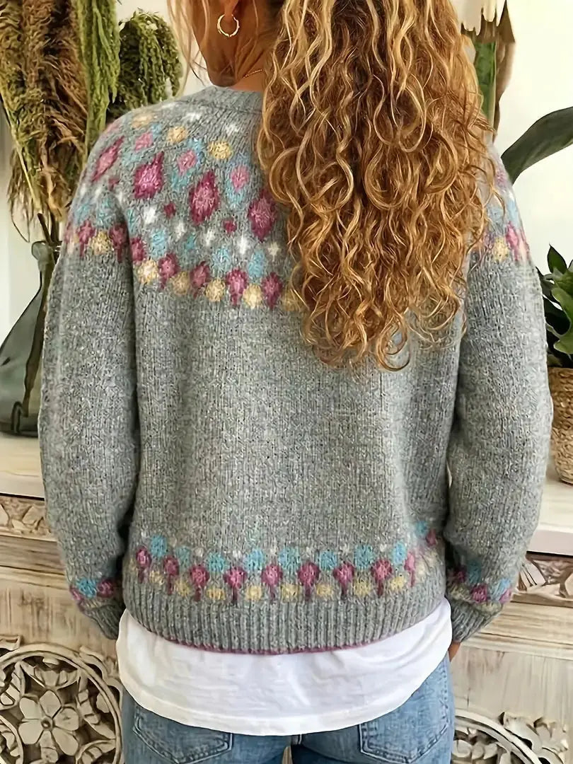 Gray Women's Nordic Print Knit Cardigan — Lina Relaxed-Fit Button-Front Bohemian - Back Worn Closeup
