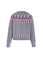 Gray Women's Nordic Print Knit Cardigan — Lina Relaxed-Fit Button-Front Bohemian - Flat Lay Back