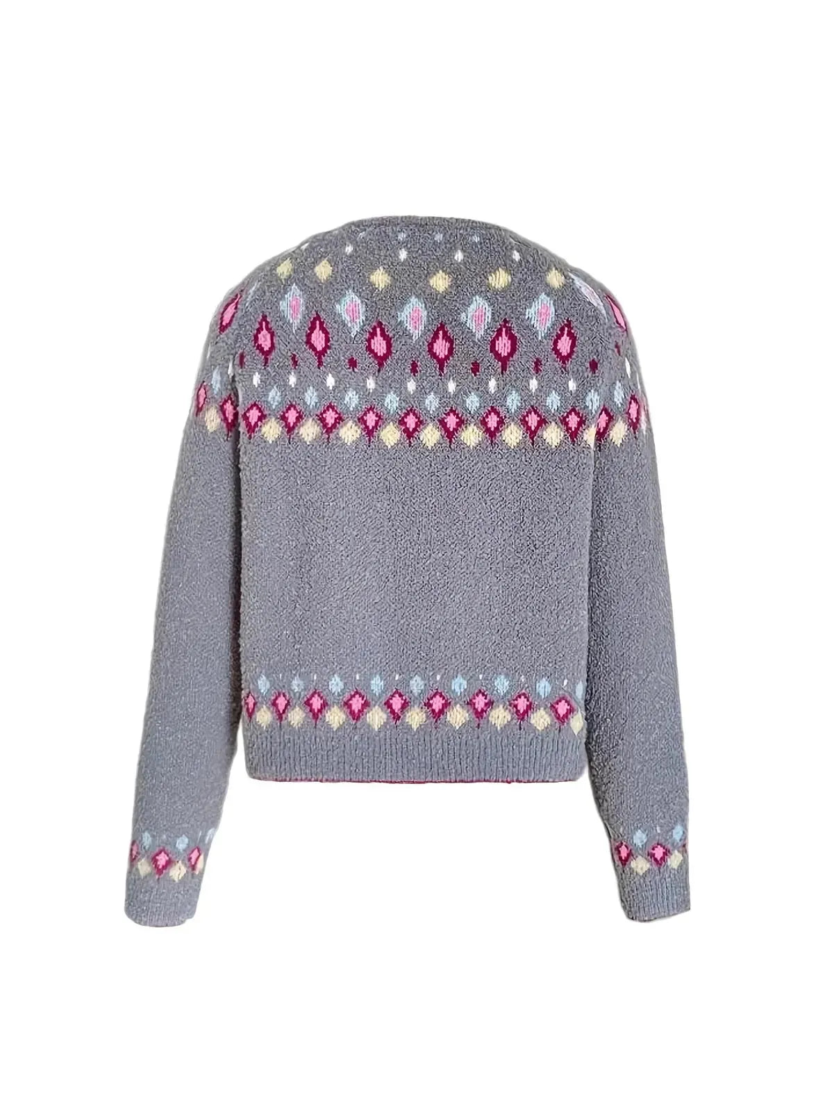Gray Women's Nordic Print Knit Cardigan — Lina Relaxed-Fit Button-Front Bohemian - Flat Lay Back