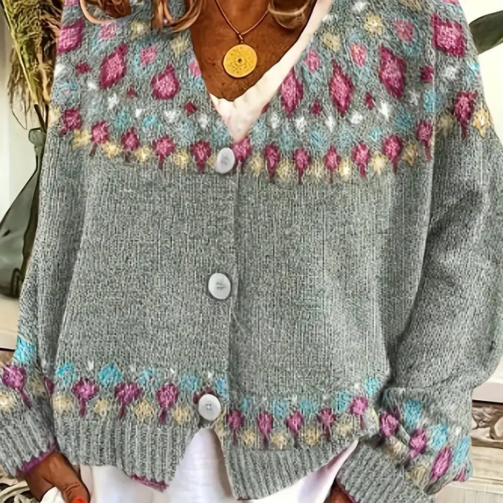 Gray Women's Nordic Print Knit Cardigan — Lina Relaxed-Fit Button-Front Bohemian - Front Closeup