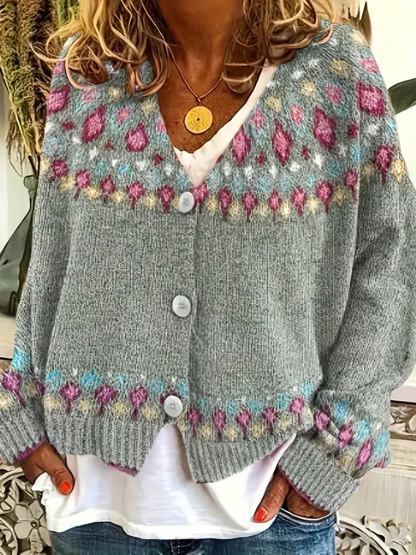 Gray Women's Nordic Print Knit Cardigan — Lina Relaxed-Fit Button-Front Bohemian - Front Detail