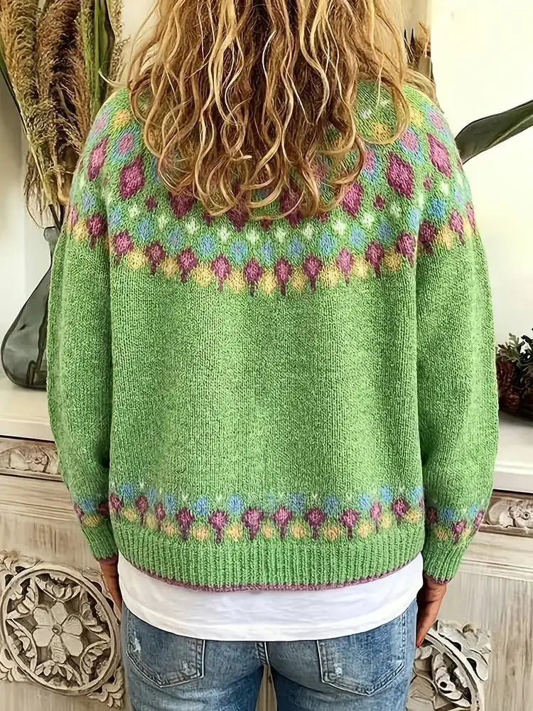 Green Women's Nordic Print Knit Cardigan — Lina Relaxed-Fit Button-Front Bohemian - Back Worn Full