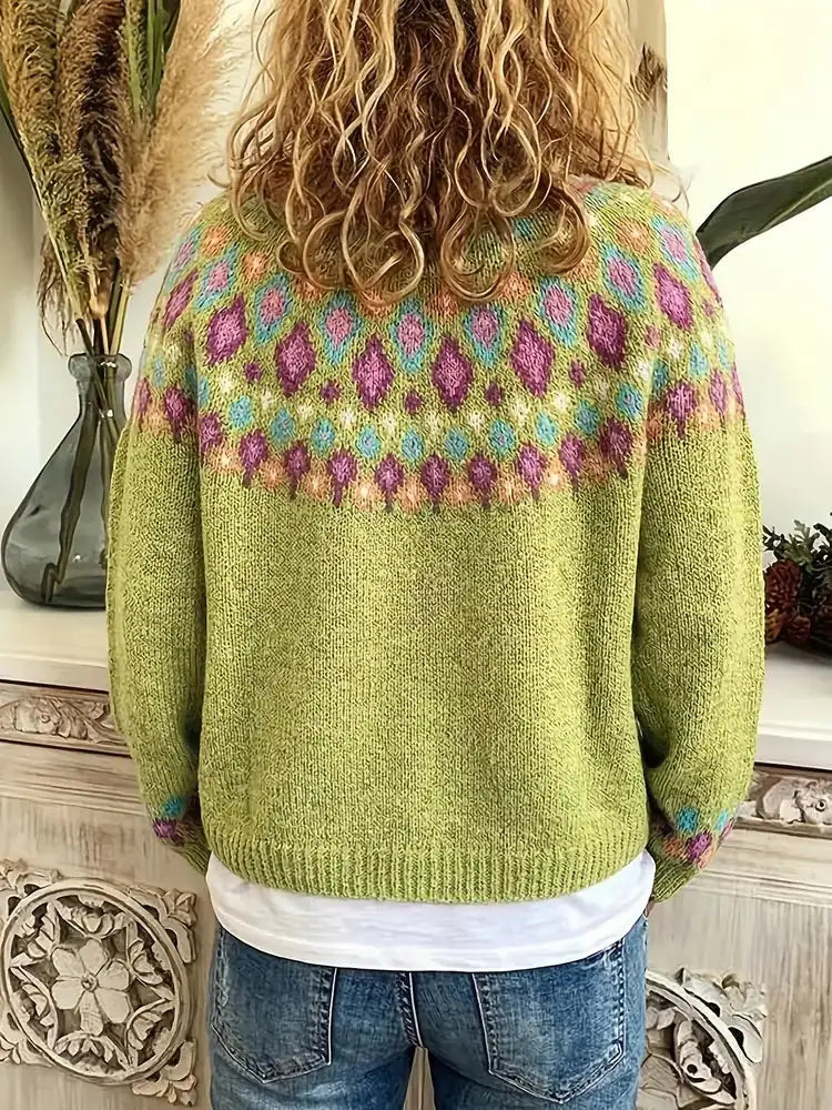 Green Women's Nordic Print Knit Cardigan — Lina Relaxed-Fit Button-Front Bohemian - Back Worn Outdoor