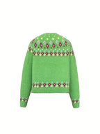 Green Women's Nordic Print Knit Cardigan — Lina Relaxed-Fit Button-Front Bohemian - Flat Lay Back