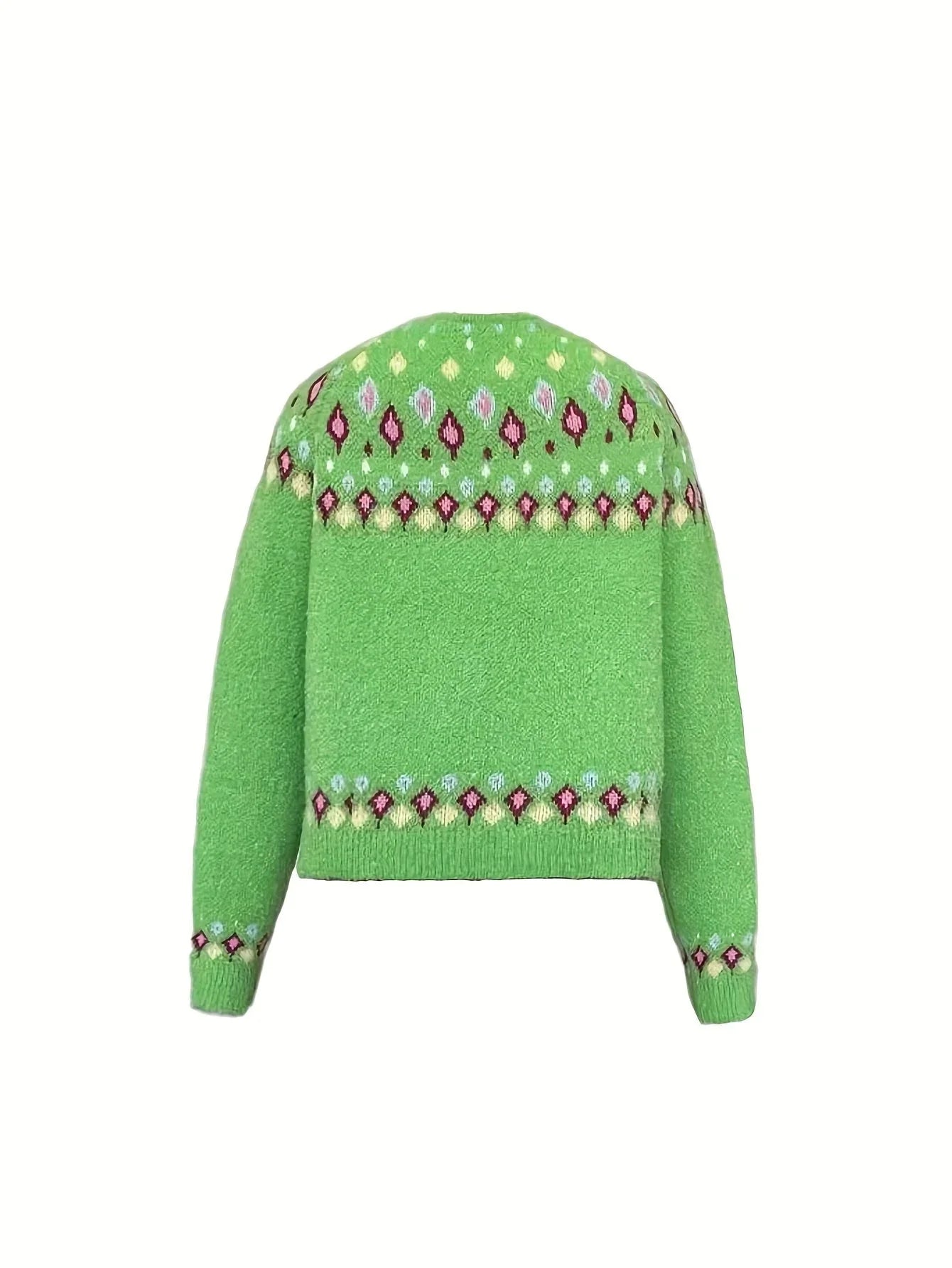Green Women's Nordic Print Knit Cardigan — Lina Relaxed-Fit Button-Front Bohemian - Flat Lay Back