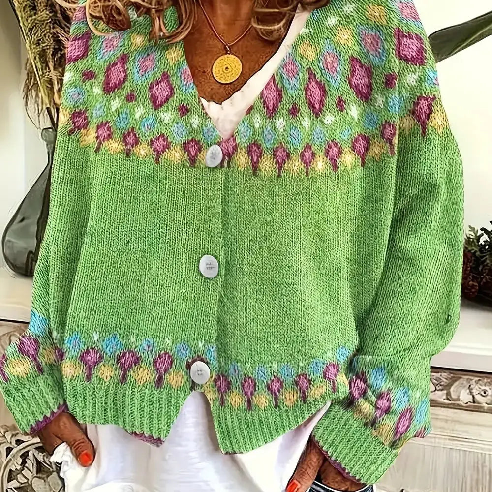 Green Women's Nordic Print Knit Cardigan — Lina Relaxed-Fit Button-Front Bohemian - Front Closeup Alt
