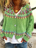 Green Women's Nordic Print Knit Cardigan — Lina Relaxed-Fit Button-Front Bohemian - Front Full