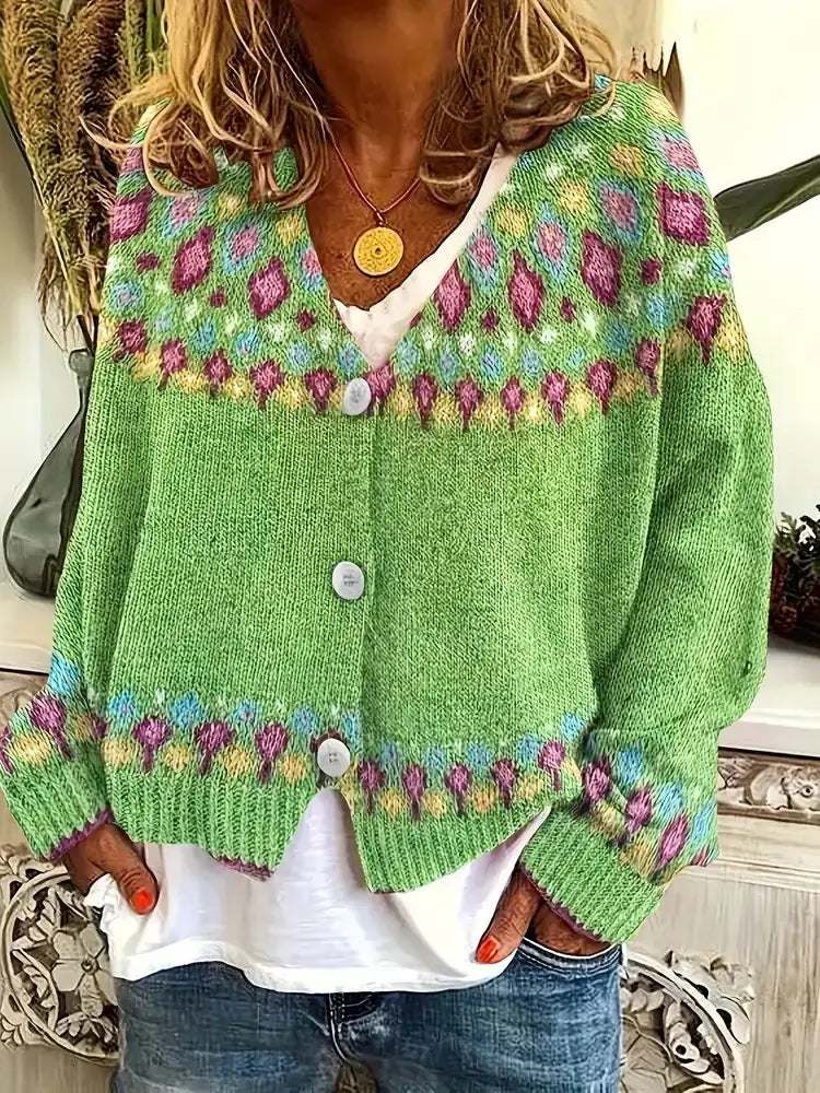 Green Women's Nordic Print Knit Cardigan — Lina Relaxed-Fit Button-Front Bohemian - Front Full