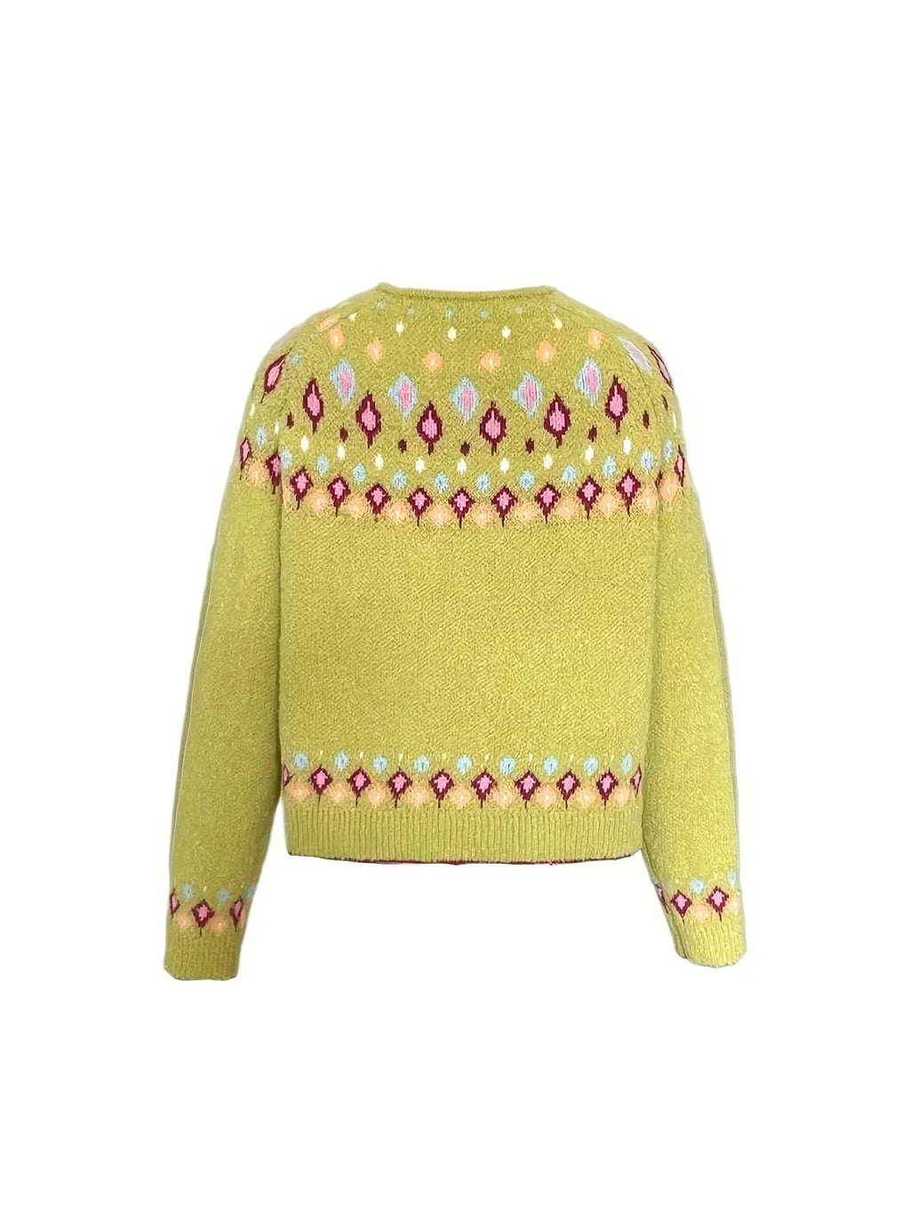 Yellow Women's Nordic Print Knit Cardigan — Lina Relaxed-Fit Button-Front Bohemian - Flat Lay Back