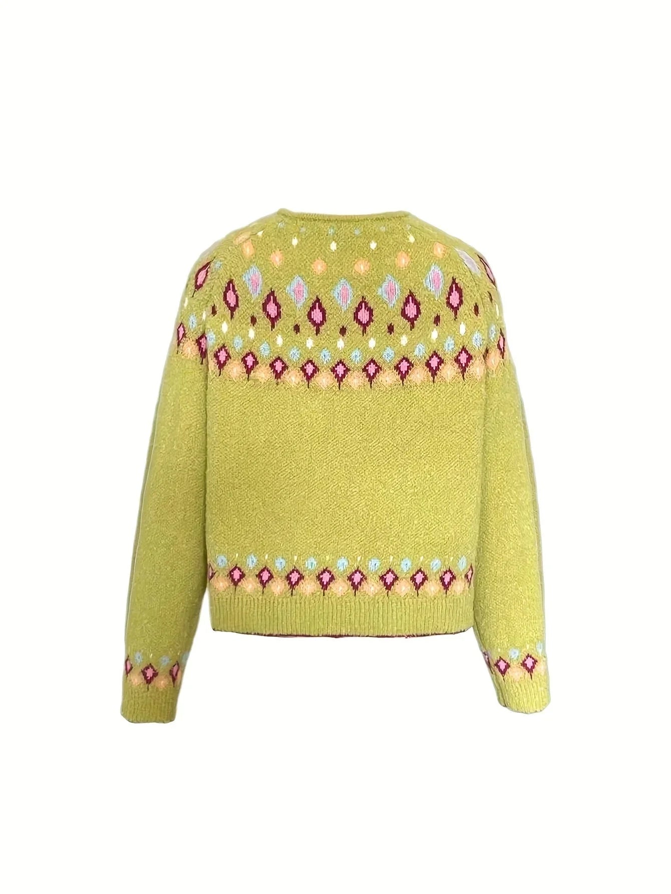 Yellow Women's Nordic Print Knit Cardigan — Lina Relaxed-Fit Button-Front Bohemian - Flat Lay Back