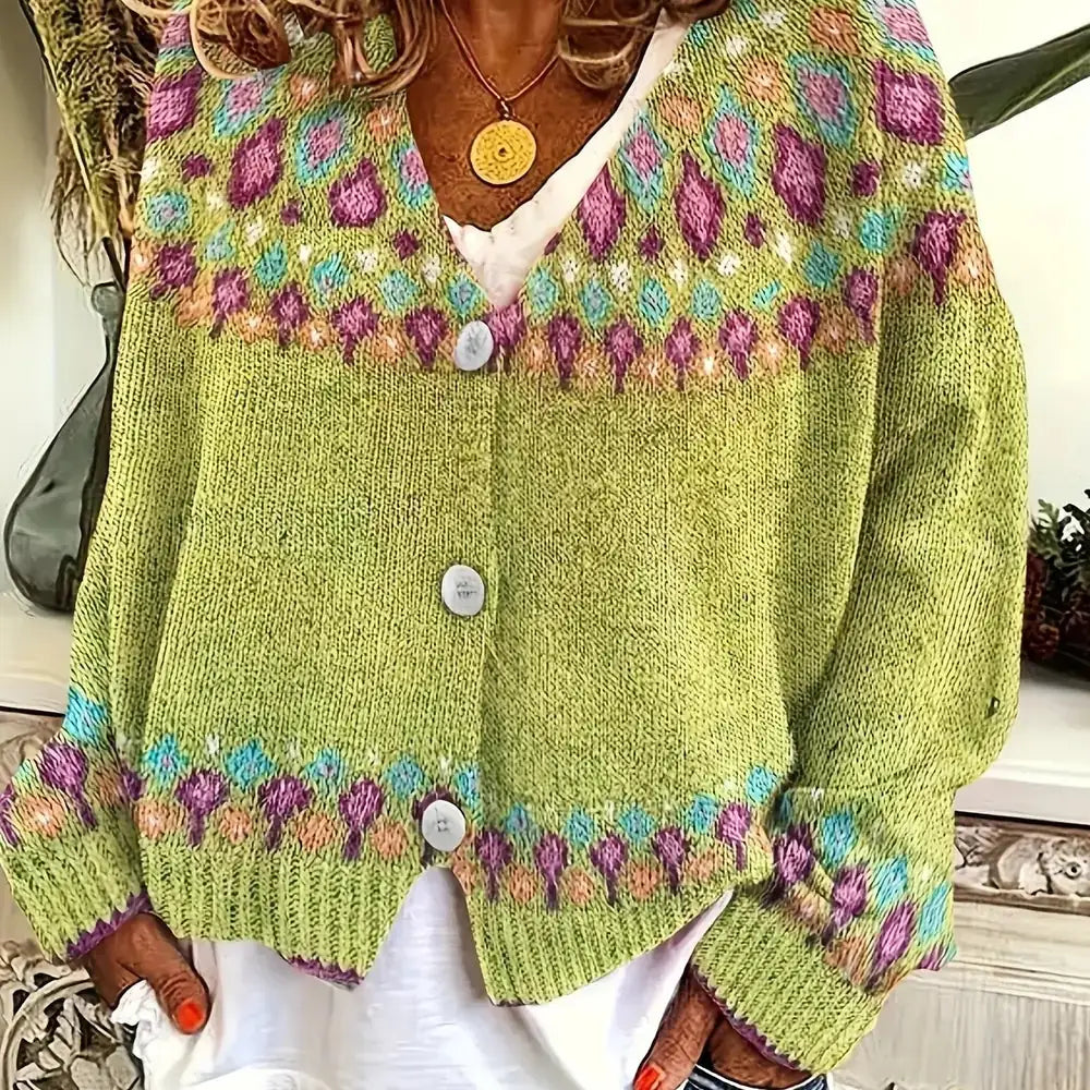 Yellow Women's Nordic Print Knit Cardigan — Lina Relaxed-Fit Button-Front Bohemian - Front Closeup