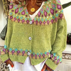 Yellow Women's Nordic Print Knit Cardigan — Lina Relaxed-Fit Button-Front Bohemian - Front Closeup