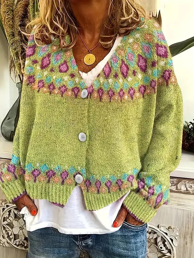 Yellow Women's Nordic Print Knit Cardigan — Lina Relaxed-Fit Button-Front Bohemian - Front Worn Alt