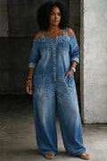 Blue Women's Blue Denim Jumpsuit — Aurora Relaxed Wide-Leg Off-Shoulder - Front Full
