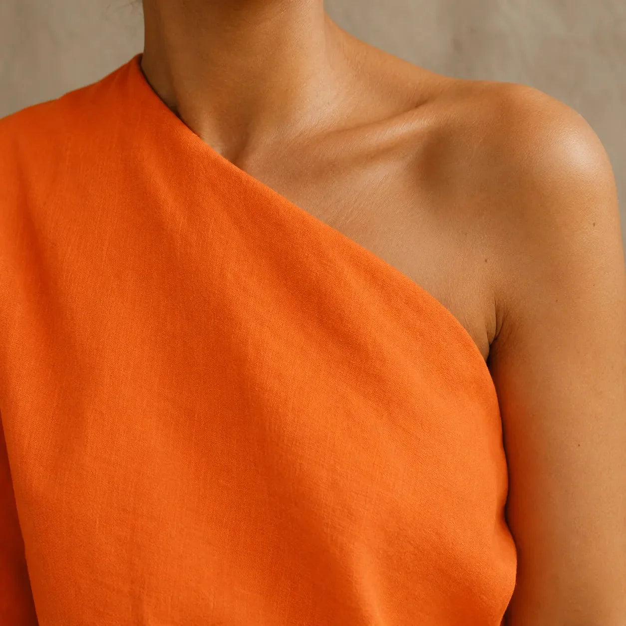 Orange Women's One-Shoulder Two Piece Set — Rosalind Wide-Leg Palazzo Pockets - Close Up Neckline
