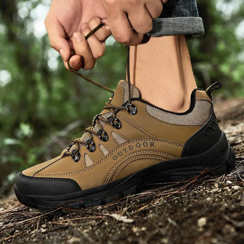 Beige Men's Rugged Outdoor Walking Shoes — Sutton Lace-Up Cushioned Trail-Ready - Lace Up Worn Trailside