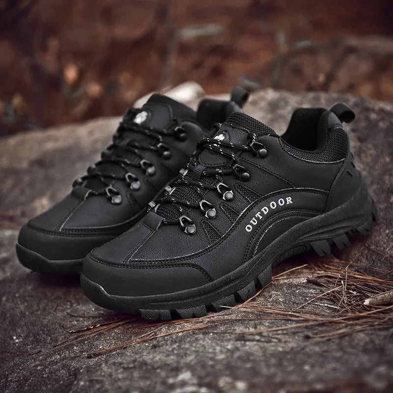 Black Men's Rugged Outdoor Walking Shoes — Sutton Lace-Up Cushioned Trail-Ready - Pair On Rock Outdoor