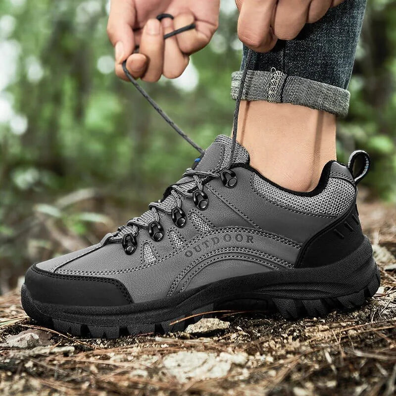 Gray Men's Rugged Outdoor Walking Shoes — Sutton Lace-Up Cushioned Trail-Ready - Lace Up Worn Forest Floor