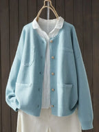 Blue Women's Oversized Knit Cardigan — Raina Relaxed-Fit Button-Front Pockets - Front Buttons