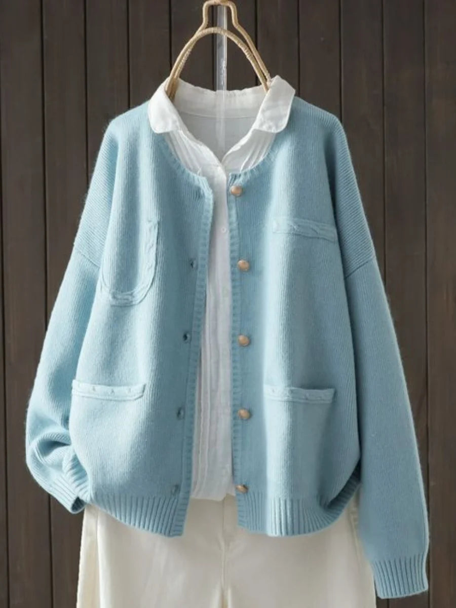 Blue Women's Oversized Knit Cardigan — Raina Relaxed-Fit Button-Front Pockets - Front Buttons