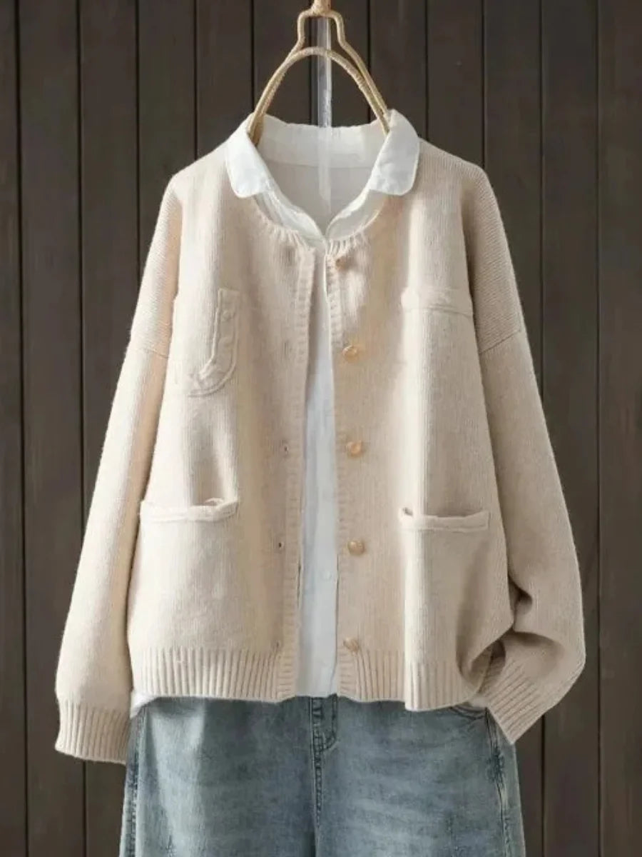 Orange Women's Oversized Knit Cardigan — Raina Relaxed-Fit Button-Front Pockets - Front Full