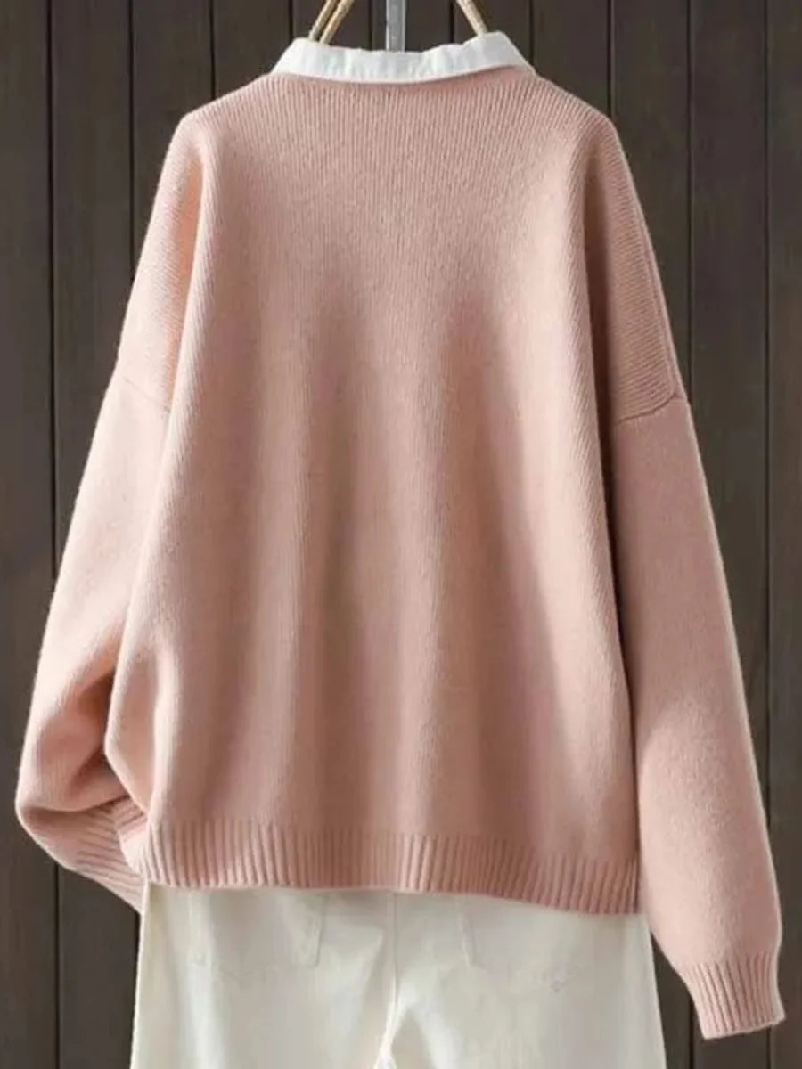 Pink Women's Oversized Knit Cardigan — Raina Relaxed-Fit Button-Front Pockets - Back Detail