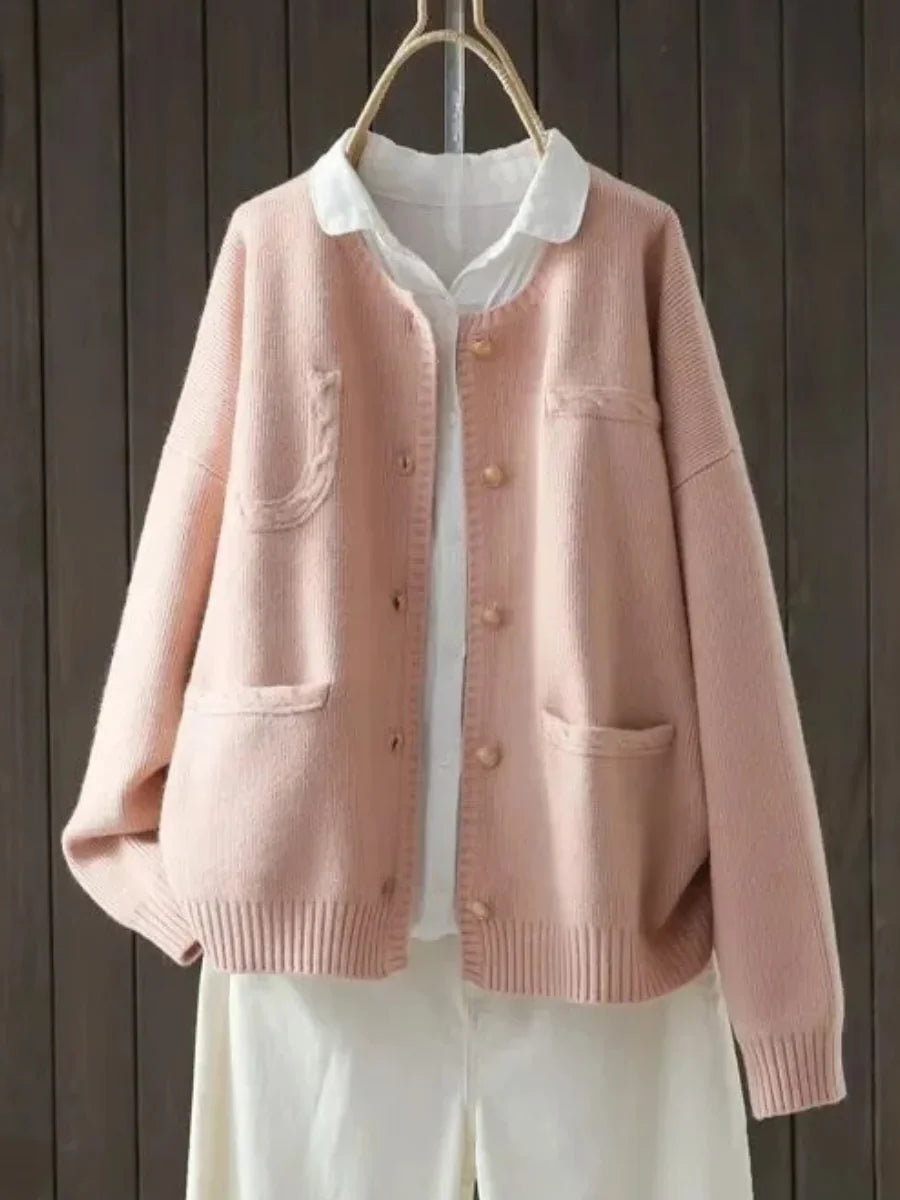 Pink Women's Oversized Knit Cardigan — Raina Relaxed-Fit Button-Front Pockets - Front Styled