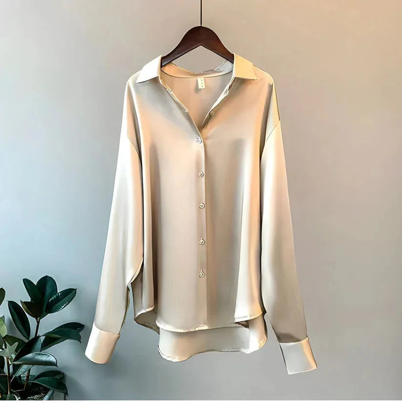 Beige Women's Oversized Silk Blouse — Odette Satin Button-Front Relaxed - Flat Lay Hanger