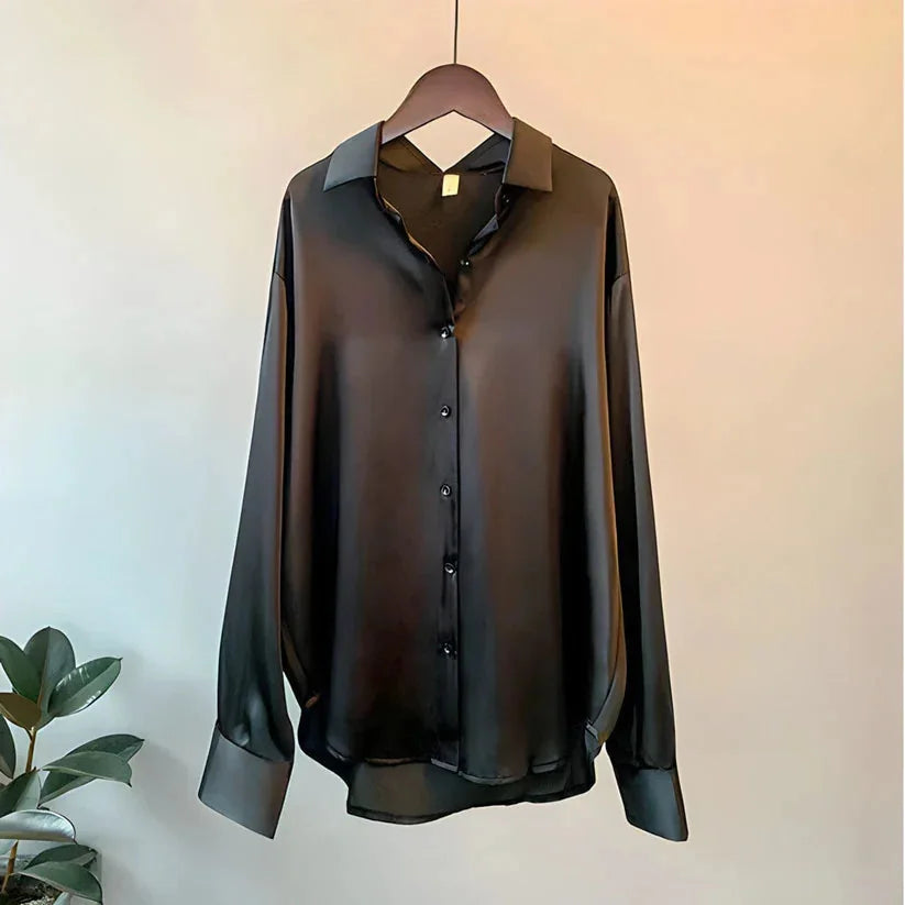 Black Women's Oversized Silk Blouse — Odette Satin Button-Front Relaxed - Hanging Sheer