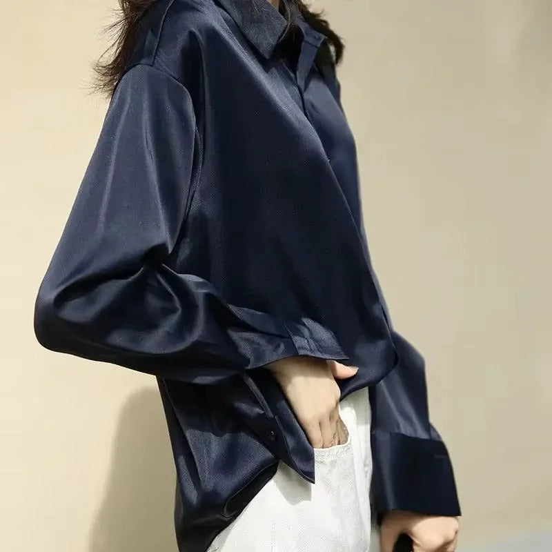 Black Women's Oversized Silk Blouse — Odette Satin Button-Front Relaxed - Side Worn Pose