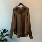 Brown Women's Oversized Silk Blouse — Odette Satin Button-Front Relaxed - Hanging Front