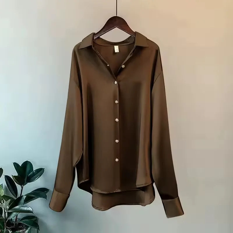 Brown Women's Oversized Silk Blouse — Odette Satin Button-Front Relaxed - Hanging Front