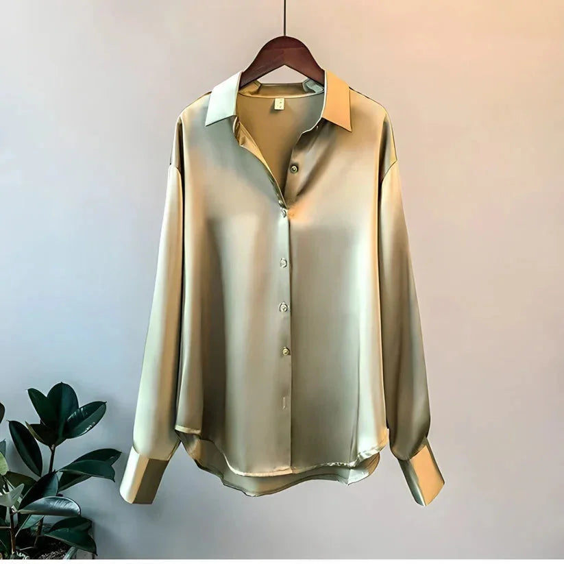 Brown Women's Oversized Silk Blouse — Odette Satin Button-Front Relaxed - Hanging Gradient Light