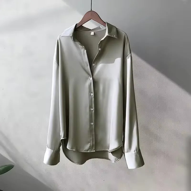 Green Women's Oversized Silk Blouse — Odette Satin Button-Front Relaxed - Hanging Front