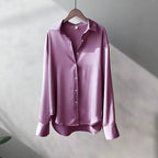 Purple Women's Oversized Silk Blouse — Odette Satin Button-Front Relaxed - Hanging Front