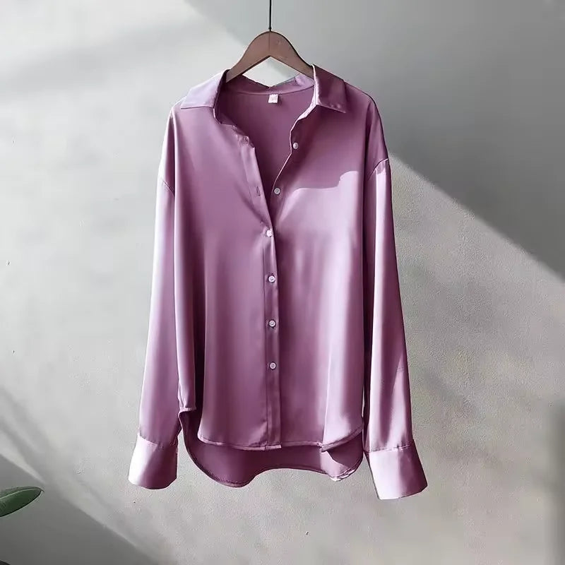Purple Women's Oversized Silk Blouse — Odette Satin Button-Front Relaxed - Hanging Front