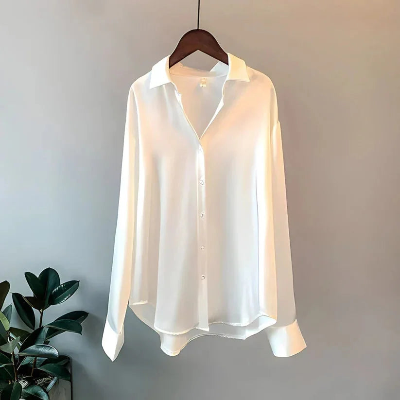 White Women's Oversized Silk Blouse — Odette Satin Button-Front Relaxed - Hanging Front
