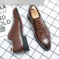 Brown Men's Formal Leather Oxford Shoes — Arthur Lace-Up Cap Toe Brogue - Flat Lay Pair