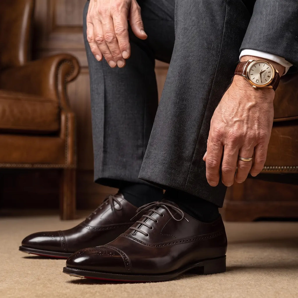 Brown Men's Formal Leather Oxford Shoes — Arthur Lace-Up Cap Toe Brogue - Worn Lifestyle
