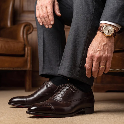 Brown Men's Formal Leather Oxford Shoes — Arthur Lace-Up Cap Toe Brogue - Worn Lifestyle