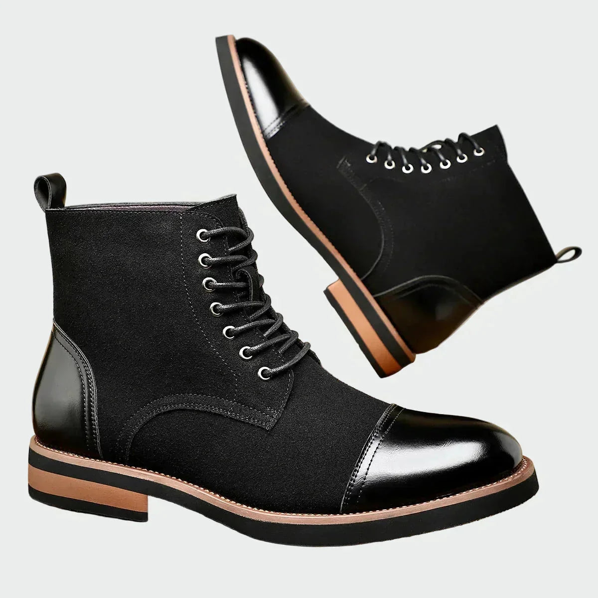 Black Men's Oxford Dress Shoes — Petra Cushioned Cap-Toe Lace-Up Boots - Front And Elevated Pair